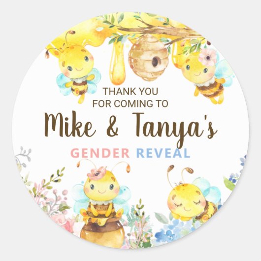 Bee gender reveal thank you stickers, bumblebee. ラウンドシール (正面)