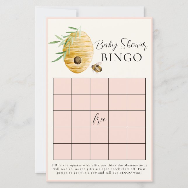 Bee Girl Baby Shower Blush Pink Bingo Game Card (正面)