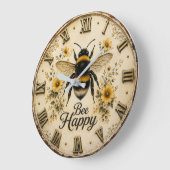 Bee Happy Bumble Bee Farmhouse Bee Lover Floral ラージ壁時計 (傾斜)