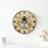 Bee Happy Bumble Bee Farmhouse Bee Lover Floral ラージ壁時計 (ホーム)