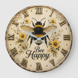 Bee Happy Bumble Bee Farmhouse Bee Lover Floral ラージ壁時計