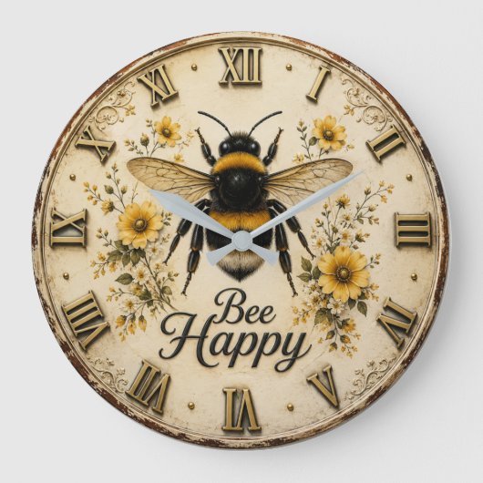 Bee Happy Bumble Bee Farmhouse Bee Lover Floral ラージ壁時計 (正面)