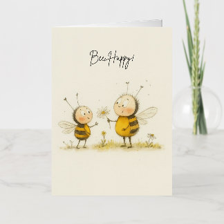 Bee Happy Cute Watercolor Bumblebee Greeting Card  箔グリーティングカード