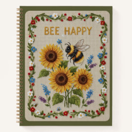 Bee Happy Embroidered Bumblebee &Sunflowers Floral ノートブック