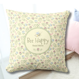 Bee Happy Read More 花柄の本好きな人へのギフト クッション
