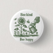  Bee Happy  Sunflower Gardening for Urban gardener 缶バッジ (正面)