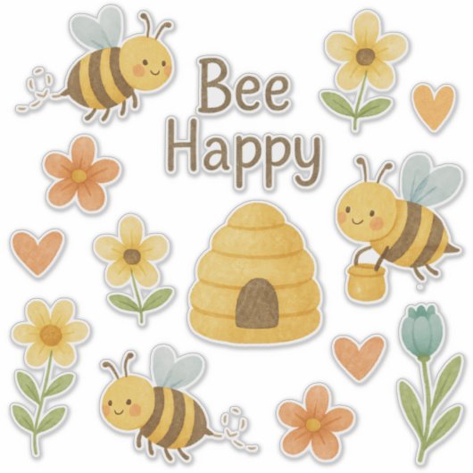 "BEE HAPPY"- süße Bienen mit Blumen- Aquarell シール (正面)