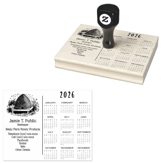 Bee Hive and Bees & 2026 Year Calendar ラバースタンプ (押印)