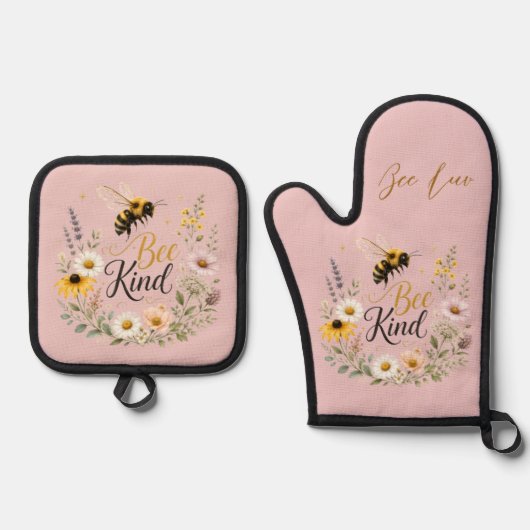 Bee Kind ポットホルダー＆オーブンミトン セット (正面)