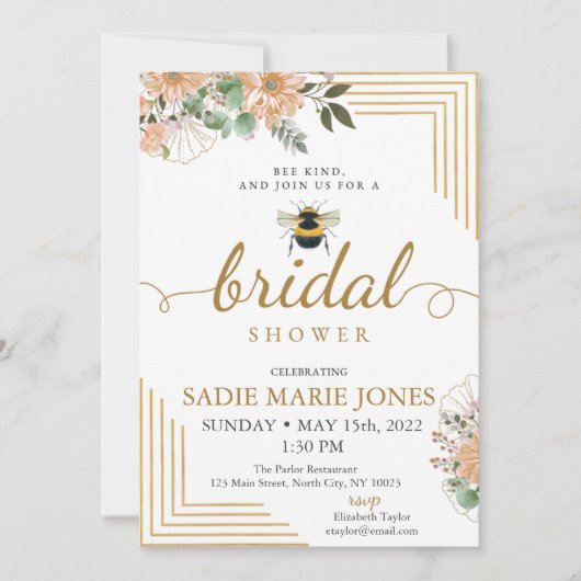 Bee Kind レッド フラワーズ ブライダル シャワー 招待状 (正面)