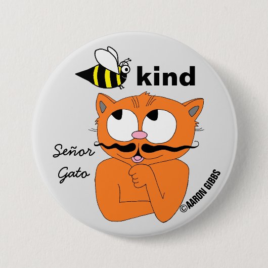 Bee Kind (優しくする) カートゥーン マスタッシュ 猫 バッジ (正面)