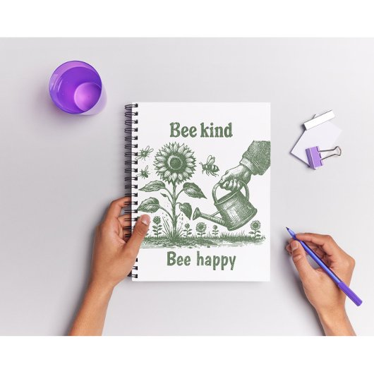 Bee Kind Bee Happy ひまわりの木版画 ガーデン ノートブック