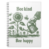 Bee Kind Bee Happy Sunflowe Woodcut Garden ノートブック (正面)