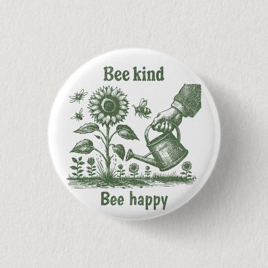 Bee Kind Bee Happy  Sunflower Gardening  缶バッジ (正面)