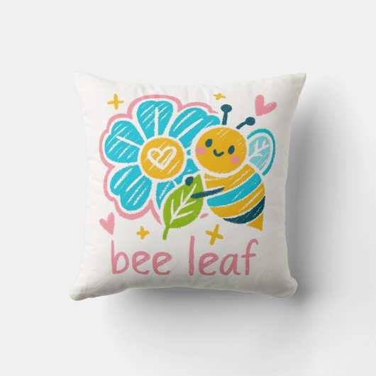 Bee Leaf' Crayon Art: Happy Bumblebee Animal Lover クッション (裏面)