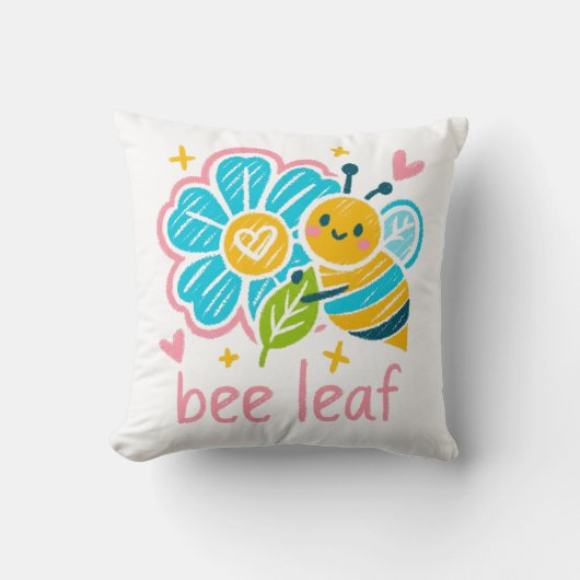 Bee Leaf' Crayon Art: Happy Bumblebee Animal Lover クッション (正面)