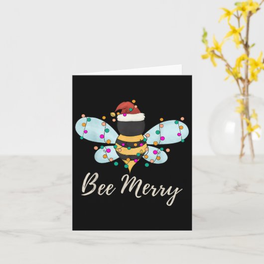 Bee Merry Christmas Bee Wears Santa Hat Xmas Light カード (黄色い花)