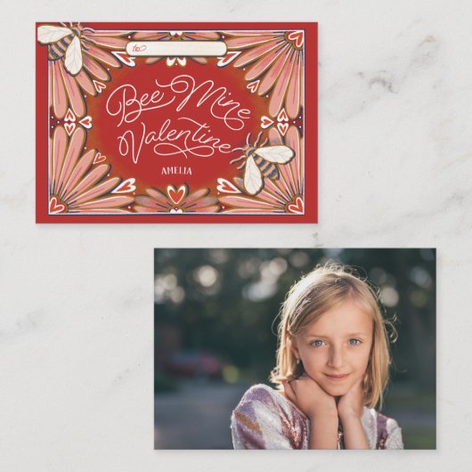 Bee Mine花ピンク赤い教室バレンタイン エンクロージャーカード (正面/裏面)