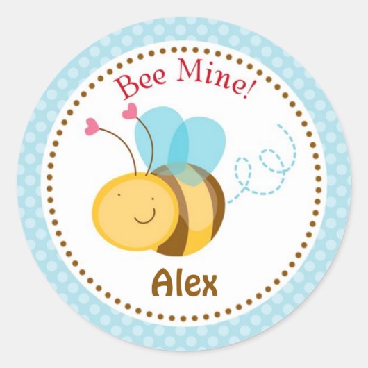 Bee Mine Valentine Stickers (Blue) - Boys Children ラウンドシール (正面)