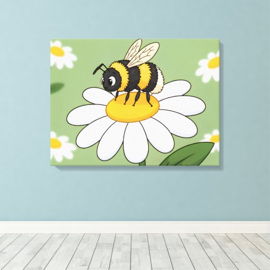 Bee on a white daisy canvas print キャンバスプリント (インサイチュ (ウッドフロア))