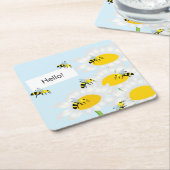 Bee on Flower Coaster - Blue Background スクエアペーパーコースター (アングル)