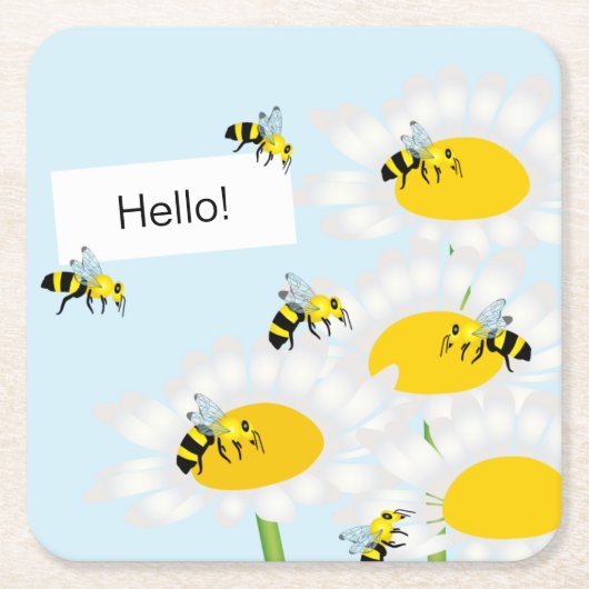 Bee on Flower Coaster - Blue Background スクエアペーパーコースター (正面)