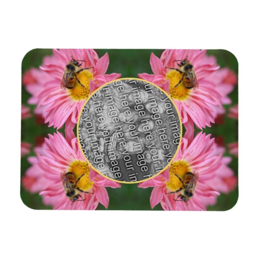 Bee On Pinkデイジー花枠あなたの写真を追加 マグネット (横)