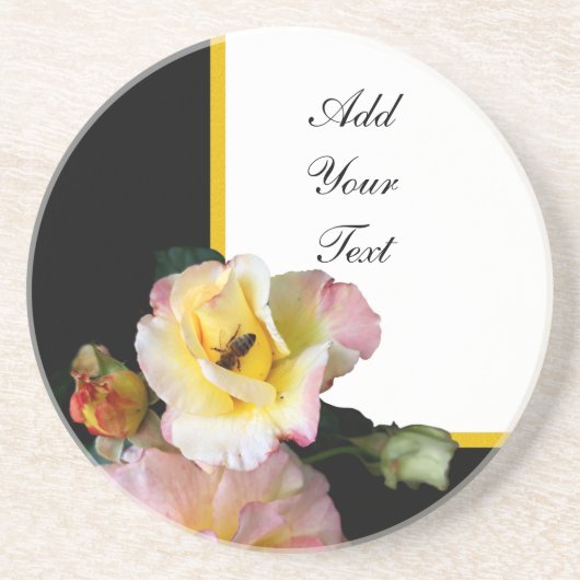 Bee on Pink Yellow Roses花 コースター (正面)