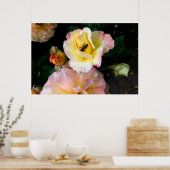 Bee on Pink Yellow Roses花 ポスター (キッチン)