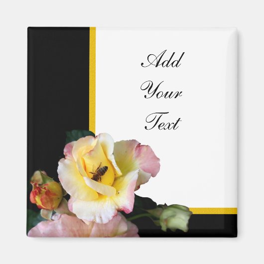 Bee on Pink Yellow Roses花 マグネット (正面)