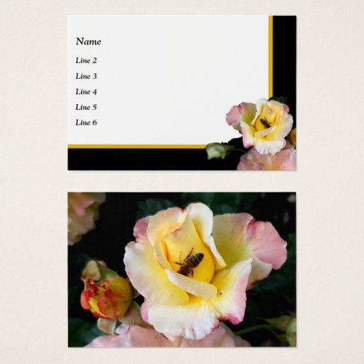 Bee on Pink Yellow Roses Flowers名刺 (正面&裏面)
