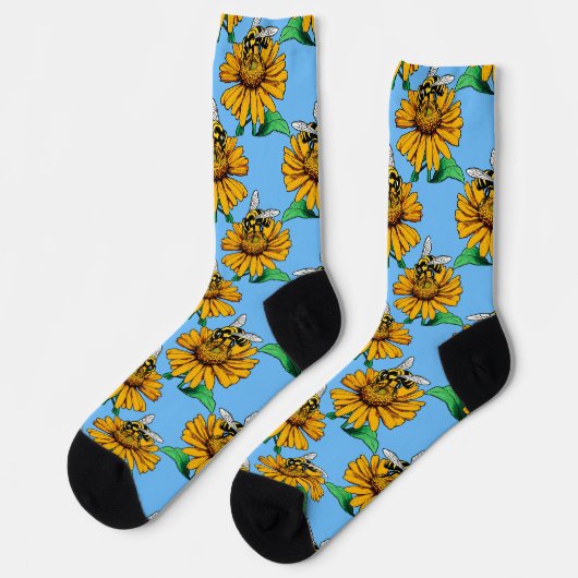 Bee on Sunflower Flower Pattern Design Blue  ソックス (左)