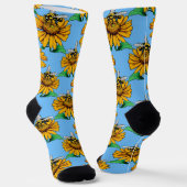 Bee on Sunflower Flower Pattern Design Blue  ソックス (傾斜あり)