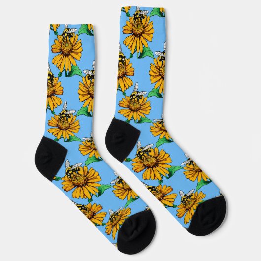 Bee on Sunflower Flower Pattern Design Blue  ソックス (右)