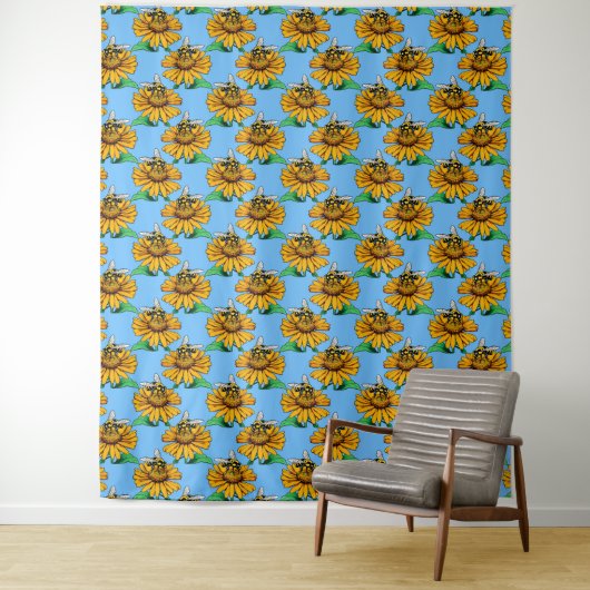 Bee on Sunflower Flower Pattern Design Blue  タペストリー (インサイチュ)