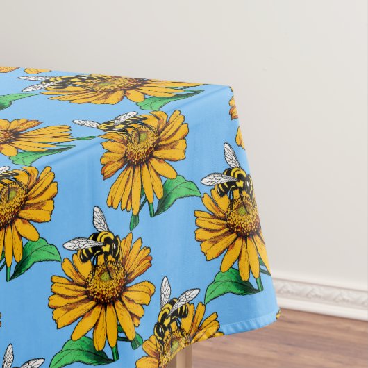 Bee on Sunflower Flower Pattern Design Blue  テーブルクロス (インサイチュ)