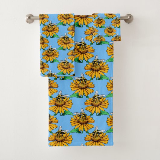 Bee on Sunflower Flower Pattern Design Blue  バスタオルセット (インサイチュ)