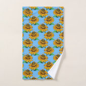 Bee on Sunflower Flower Pattern Design Blue  バスタオルセット (ハンドタオル)