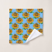 Bee on Sunflower Flower Pattern Design Blue  バスタオルセット (ウォッシュタオル)
