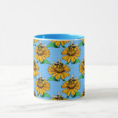 Bee on Sunflower Flower Pattern Design Blue  マグカップ (中央)