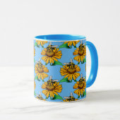 Bee on Sunflower Flower Pattern Design Blue  マグカップ (正面右)