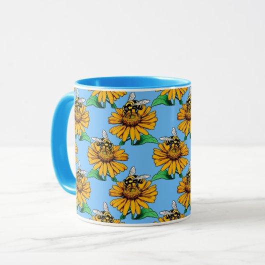 Bee on Sunflower Flower Pattern Design Blue  マグカップ (正面左)