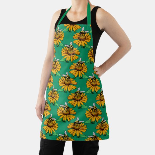 Bee on Sunflower Flower Pattern Design Green  エプロン (インサイチュ)