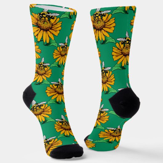 Bee on Sunflower Flower Pattern Design Green  ソックス (傾斜あり)