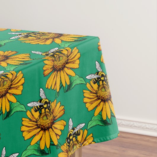 Bee on Sunflower Flower Pattern Design Green  テーブルクロス (インサイチュ)