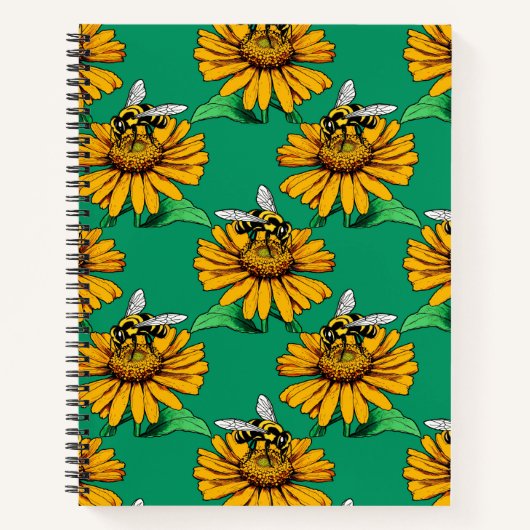 Bee on Sunflower Flower Pattern Design Green  ノートブック (正面)