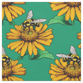 Bee on Sunflower Flower Pattern Design Green  ファブリック (クローズアップ)