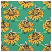 Bee on Sunflower Flower Pattern Design Green  ファブリック (見本)