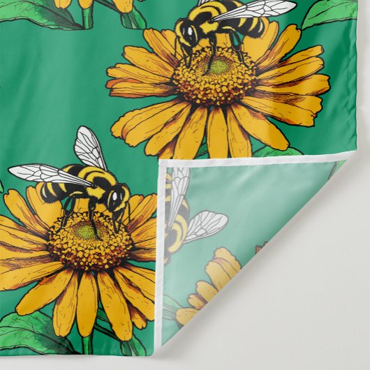 Bee on Sunflower Flower Pattern Design Green  ファブリック