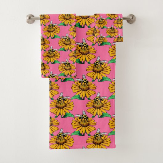 Bee on Sunflower Flower Pattern Design Pink バスタオルセット (インサイチュ)